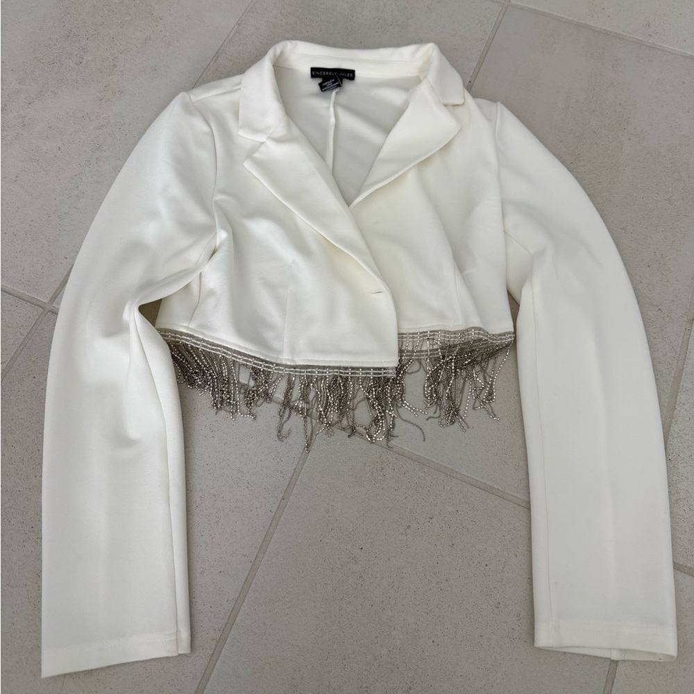 White Cropped Blazer with Silver Fringe